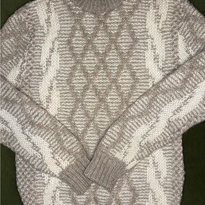 Vintage Brentwood Wool Blend Men's Cable Knit Crewneck Sweater - Beige and Cream